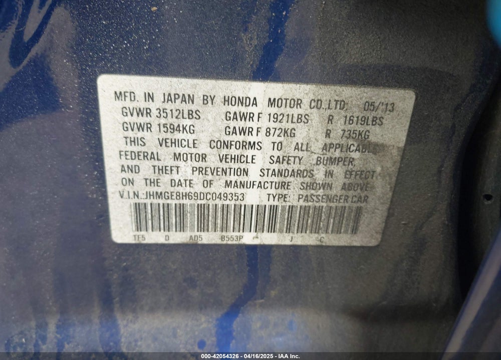 2013 HONDA FIT VIN: JHMGE8H69DC049353