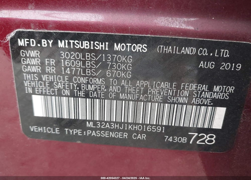 2019 MITSUBISHI MIRAGE VIN: ML32A3HJ1KH016591