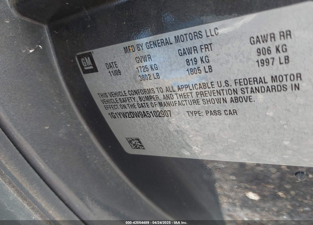 2010 CHEVROLET CORVETTE GRAND SPORT VIN: 1G1YW2DW9A5102907