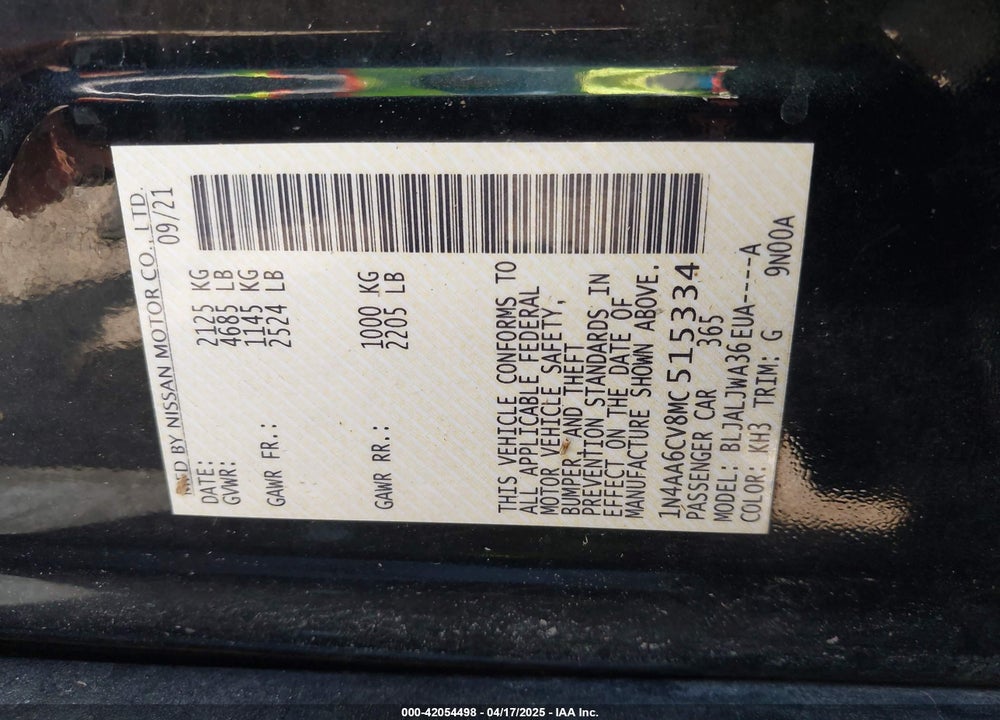 2021 NISSAN MAXIMA VIN: 1N4AA6CV8MC515334