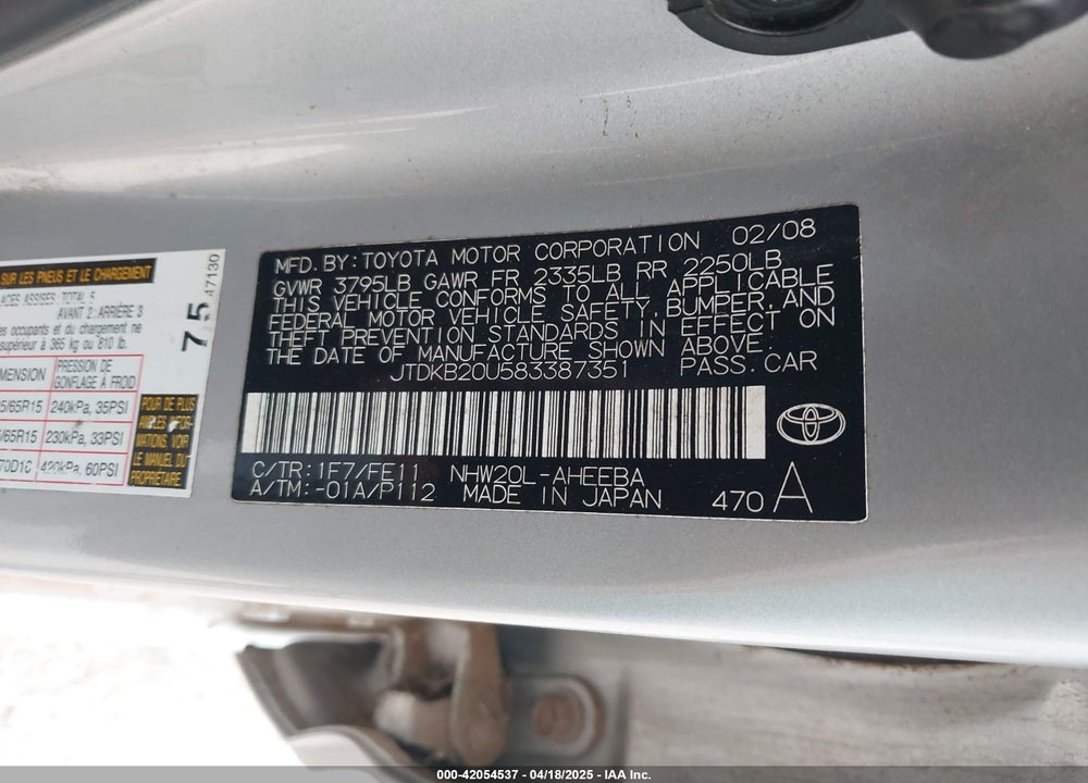 2008 TOYOTA PRIUS VIN: JTDKB20U583387351