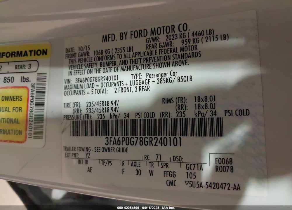 2016 FORD FUSION VIN: 3FA6P0G78GR240101