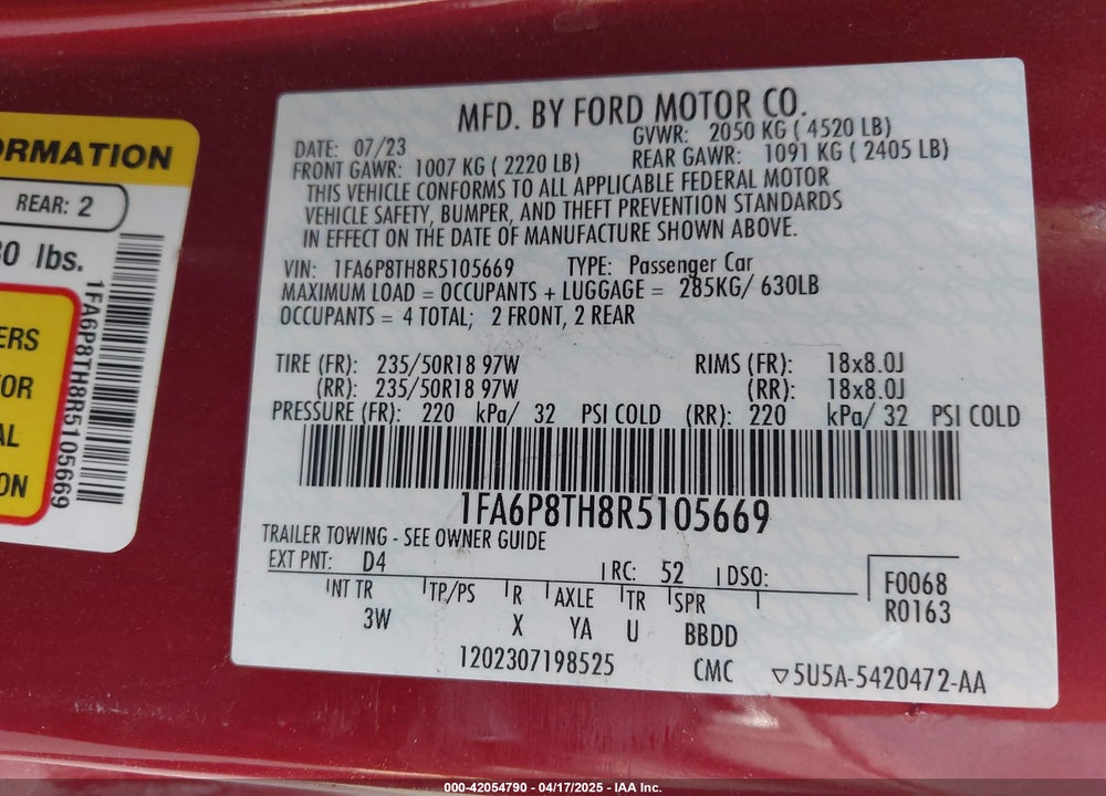 2024 FORD MUSTANG ECOBOOST PREMIUM FASTBACK VIN: 1FA6P8TH8R5105669