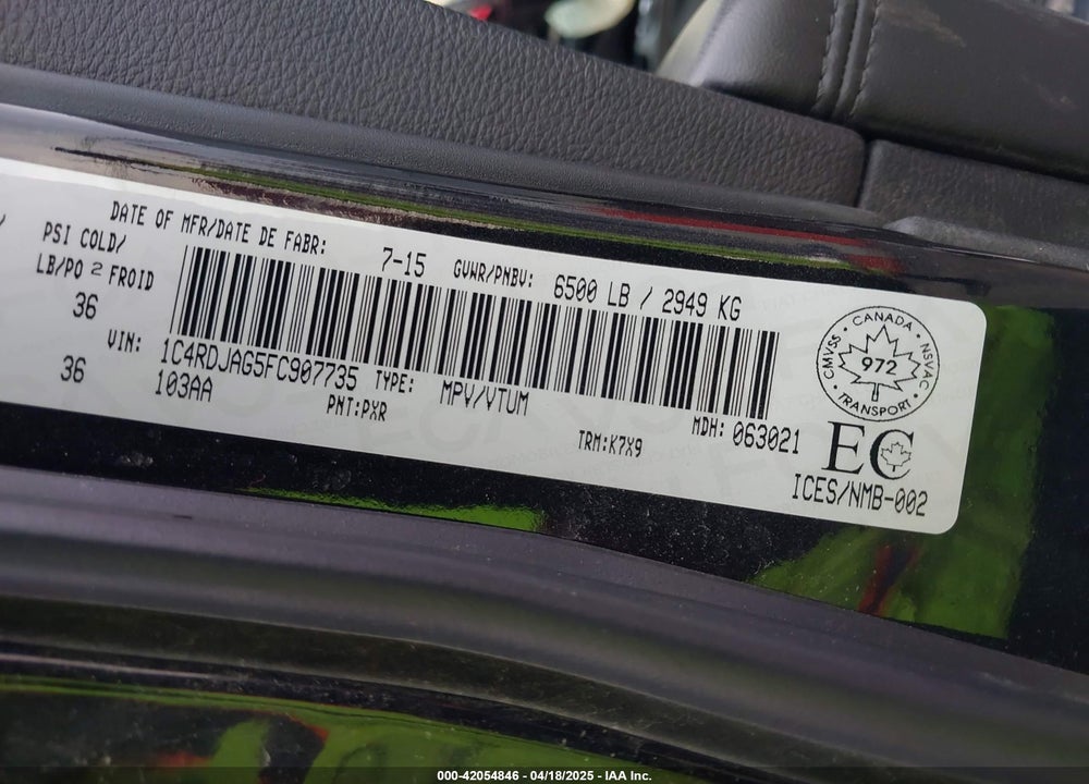 2015 DODGE DURANGO SXT VIN: 1C4RDJAG5FC907735