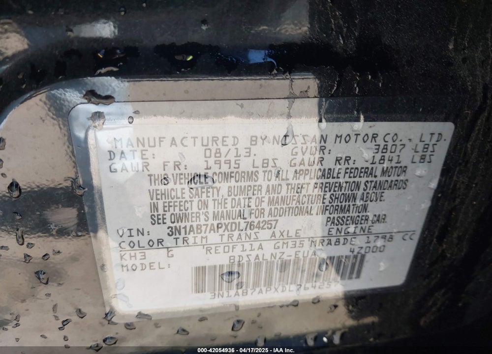 2013 NISSAN SENTRA VIN: 3N1AB7APXDL764257
