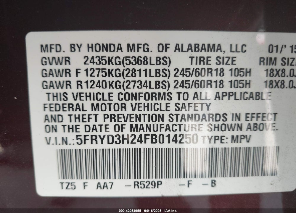 2015 ACURA MDX VIN: 5FRYD3H24FB014250