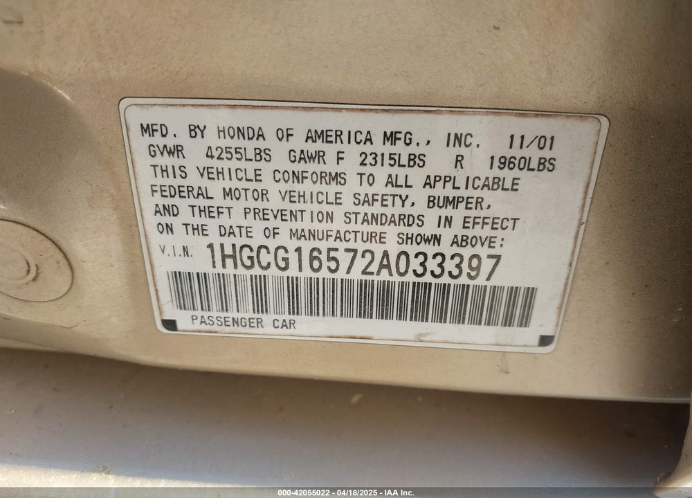 2002 HONDA ACCORD 3.0 EX VIN: 1HGCG16572A033397