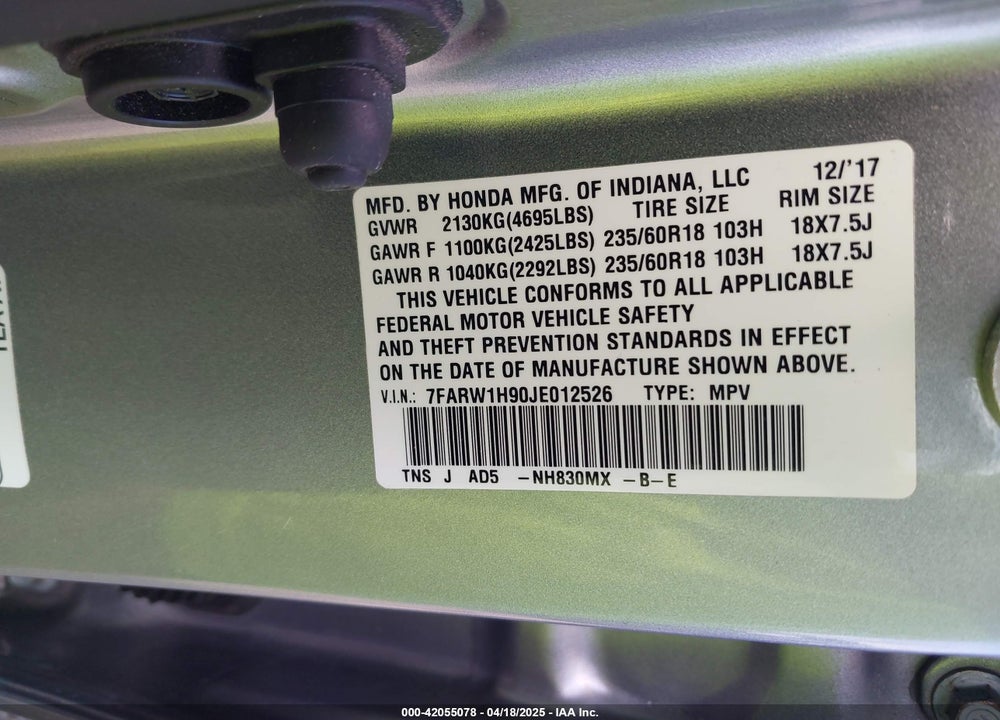 2018 HONDA CR-V VIN: 7FARW1H90JE012526