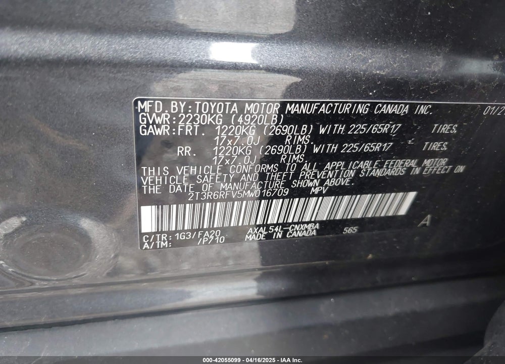 2021 TOYOTA RAV4 HYBRID XLE VIN: 2T3R6RFV5MW016709