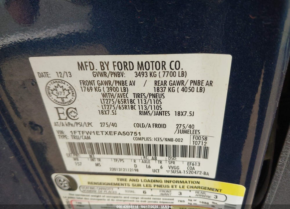 2014 FORD F150 VIN: 1FTFW1ETXEFA50751