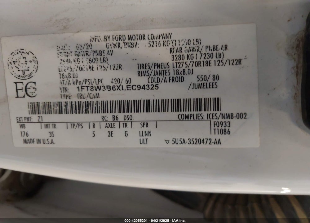 2020 FORD F-350 XLT VIN: 1FT8W3B6XLEC94325