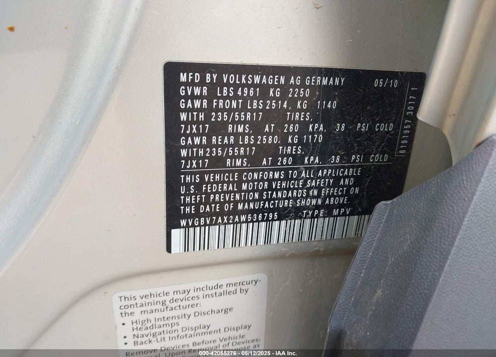 2010 VOLKSWAGEN TIGUAN VIN: WVGBV7AX2AW536795
