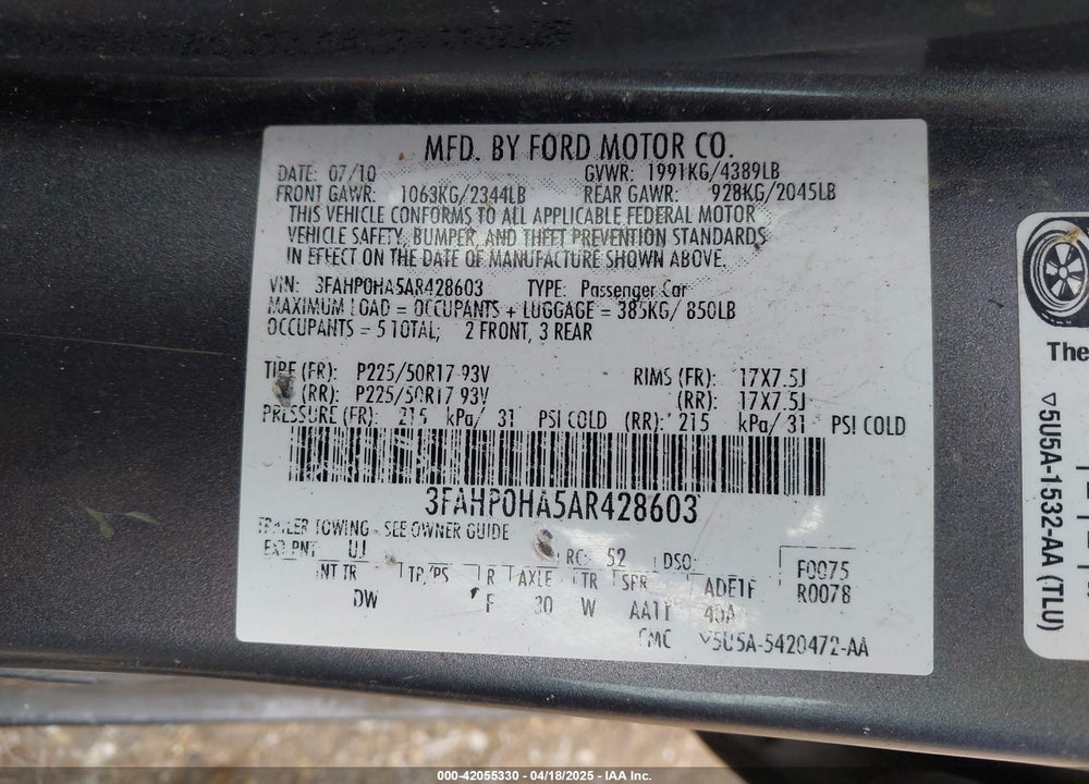 2010 FORD FUSION SE VIN: 3FAHP0HA5AR428603