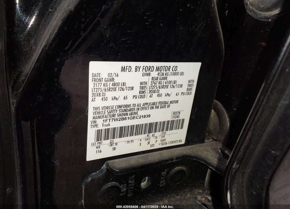 2016 FORD F-250 VIN: 1FT7W2B61GEC21839