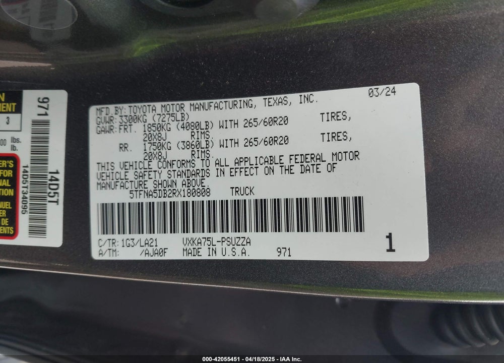 2024 TOYOTA TUNDRA PLATINUM 4WD VIN: 5TFNA5DB2RX180808