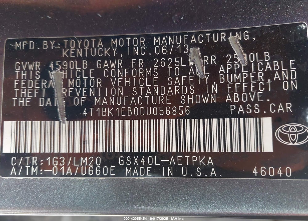 2013 TOYOTA AVALON LIMITED VIN: 4T1BK1EB0DU056856