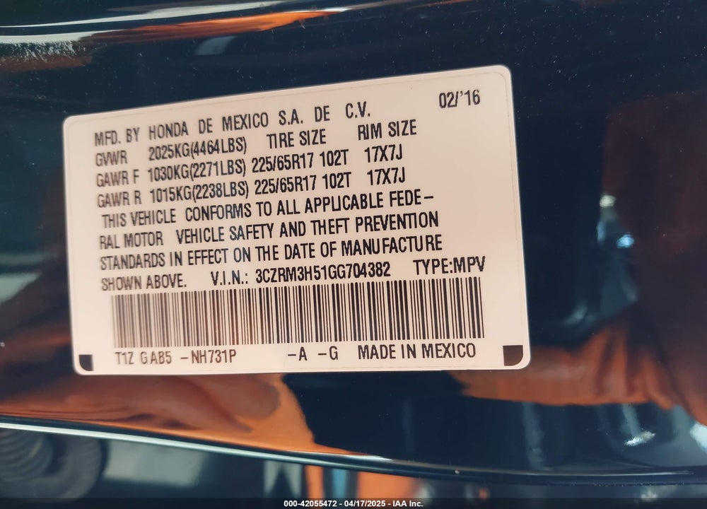 2016 HONDA CR-V EX VIN: 3CZRM3H51GG704382