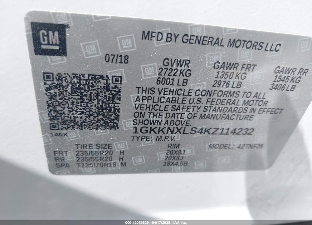 2019 GMC ACADIA VIN: 1GKKNXLS4KZ114232