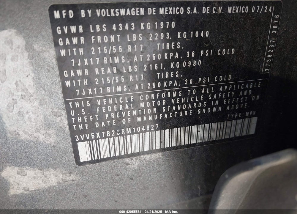 2024 VOLKSWAGEN TAOS VIN: 3VV5X7B28RM104627