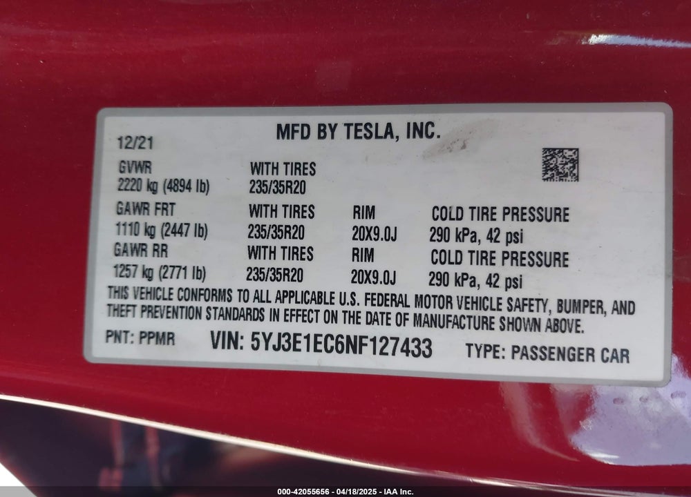2022 TESLA MODEL 3 VIN: 5YJ3E1EC6NF127433