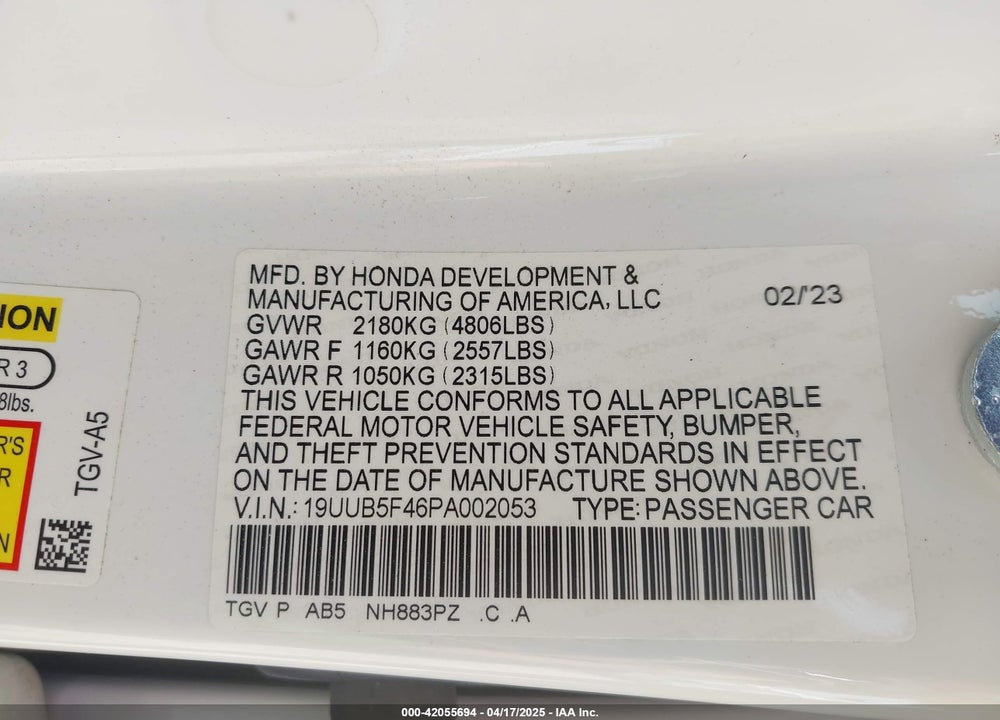 2023 ACURA TLX TECHNOLOGY PACKAGE VIN: 19UUB5F46PA002053