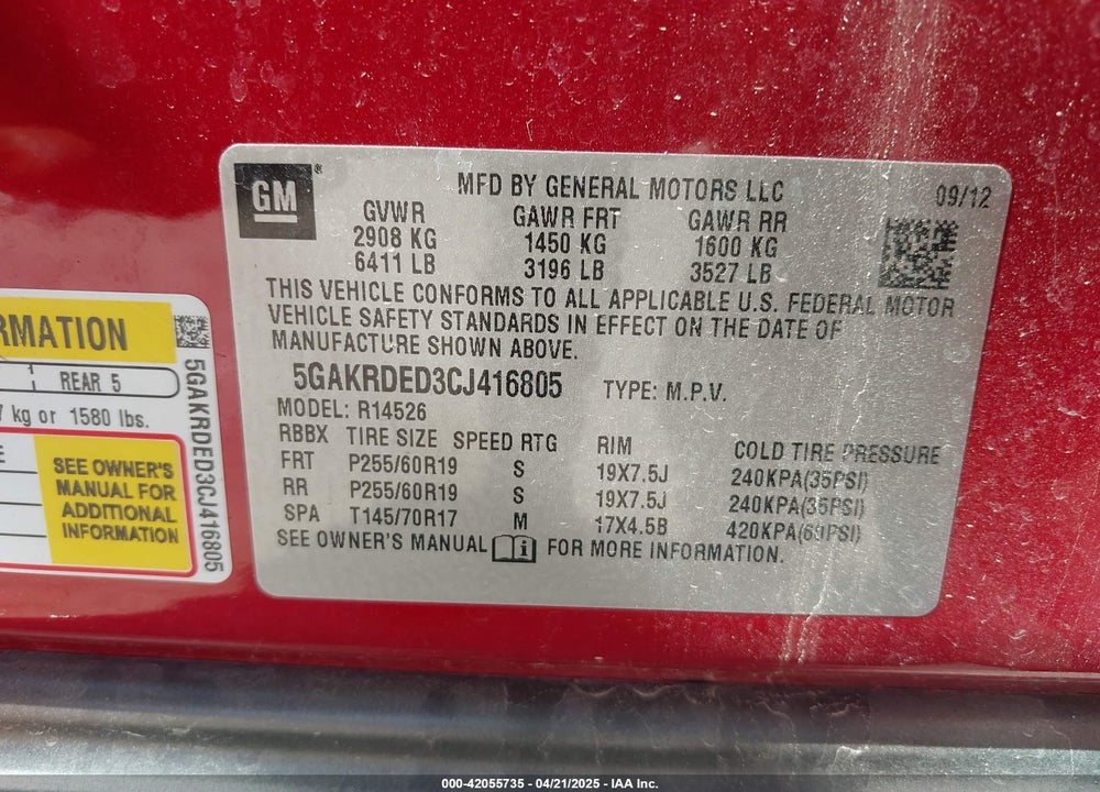 2012 BUICK ENCLAVE VIN: 5GAKRDED3CJ416805