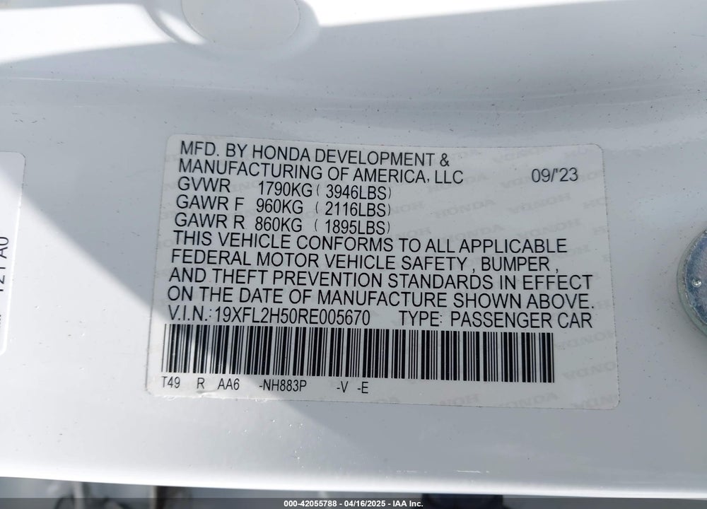 2024 HONDA CIVIC VIN: 19XFL2H50RE005670