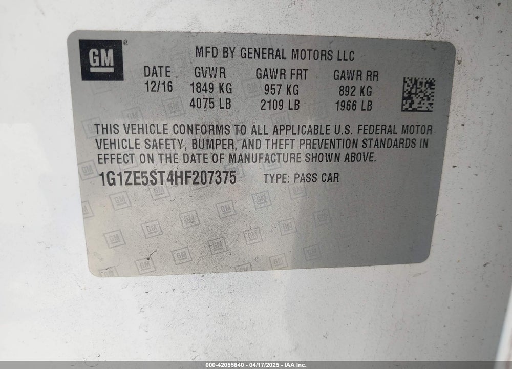 2017 CHEVROLET MALIBU 1LT VIN: 1G1ZE5ST4HF207375