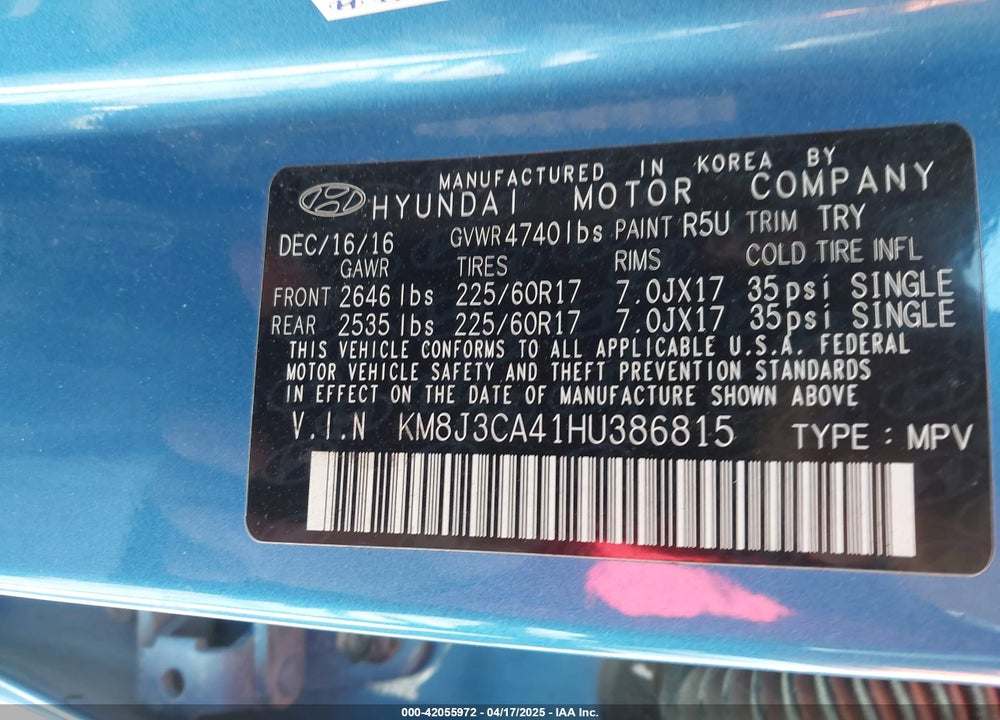 2017 HYUNDAI TUCSON VIN: KM8J3CA41HU386815