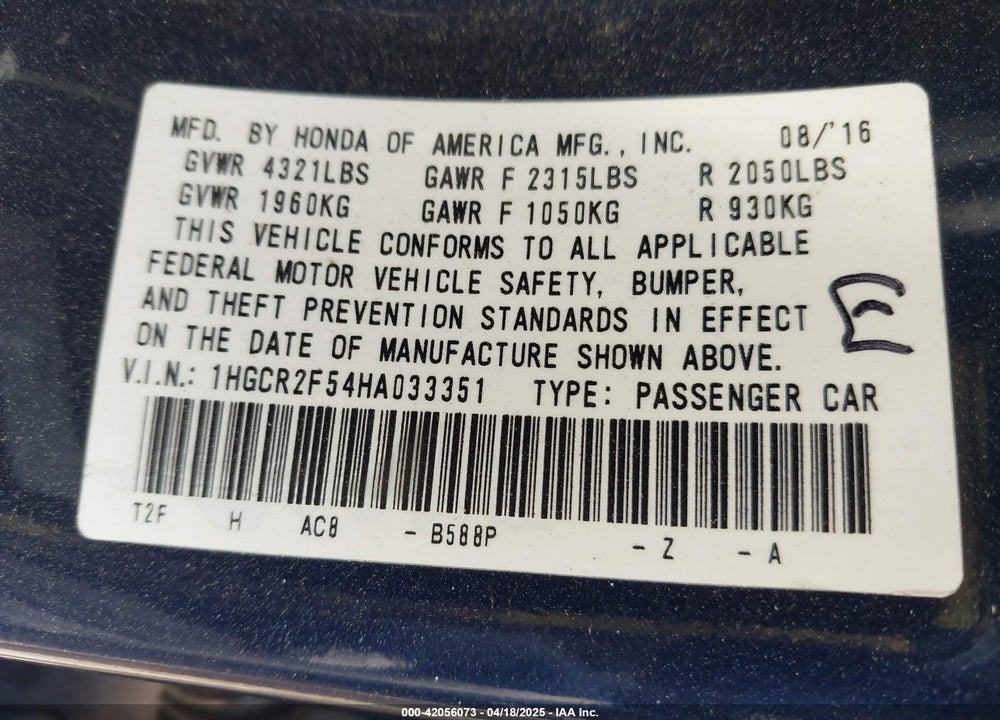 2017 HONDA ACCORD VIN: 1HGCR2F54HA033351