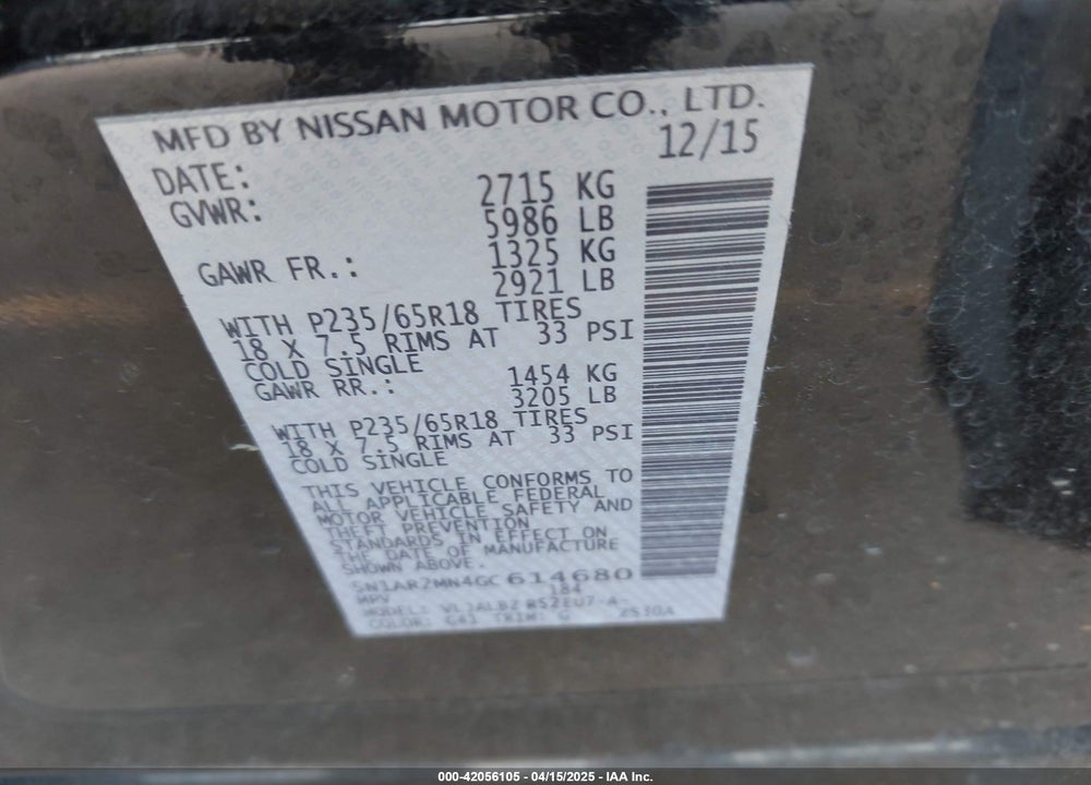 2016 NISSAN PATHFINDER S VIN: 5N1AR2MN4GC614680