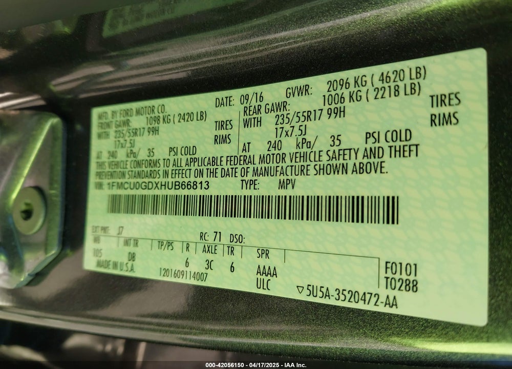 2017 FORD ESCAPE SE VIN: 1FMCU0GDXHUB66813