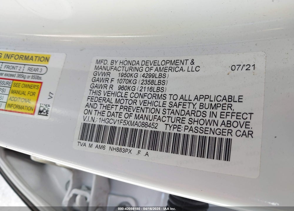 2021 HONDA ACCORD EX-L VIN: 1HGCV1F5XMA088452