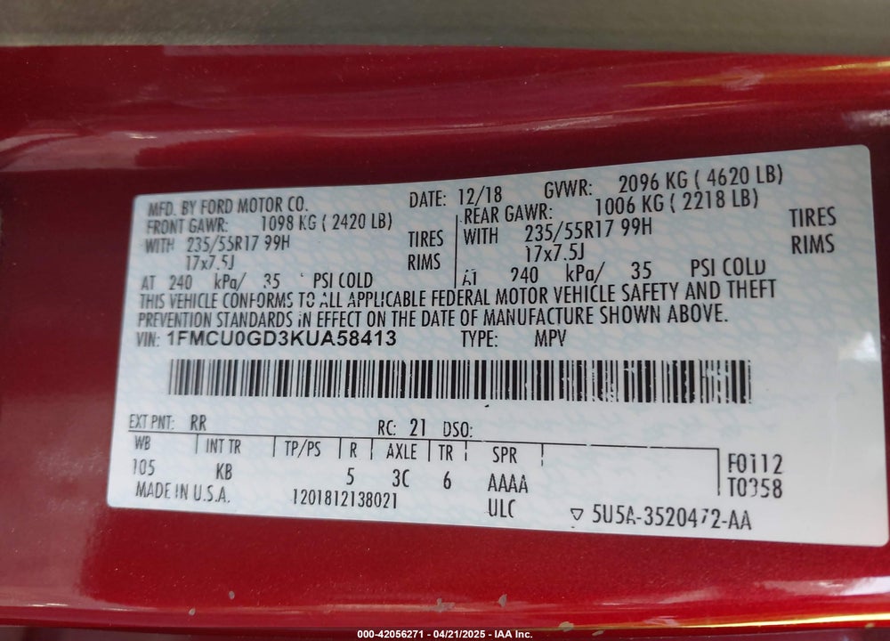 2019 FORD ESCAPE VIN: 1FMCU0GD3KUA58413