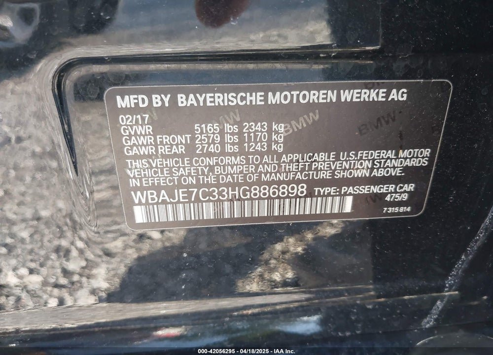 2017 BMW 540 VIN: WBAJE7C33HG886898