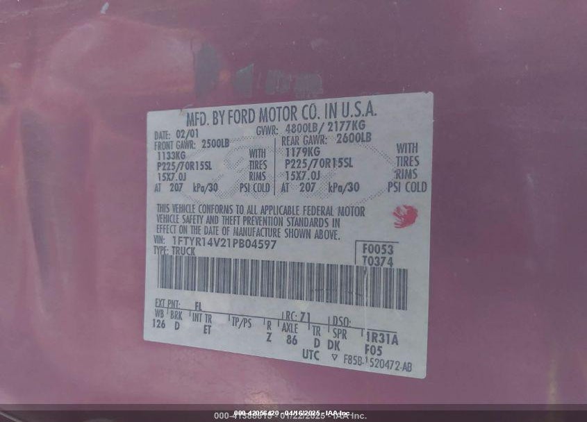 2001 FORD RANGER EDGE/XL/XLT VIN: 1FTYR14V21PB04597