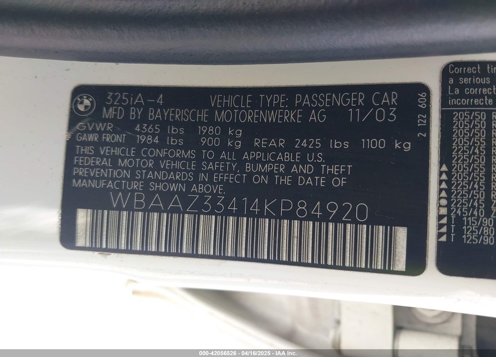 2004 BMW 325I VIN: WBAAZ33414KP84920