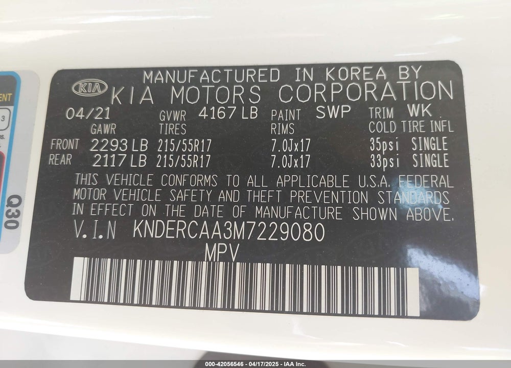 2021 KIA SELTOS EX VIN: KNDERCAA3M7229080