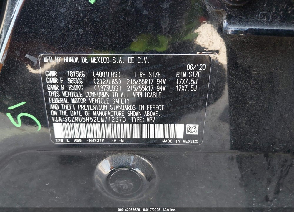 2020 HONDA HR-V VIN: 3CZRU5H52LM712370