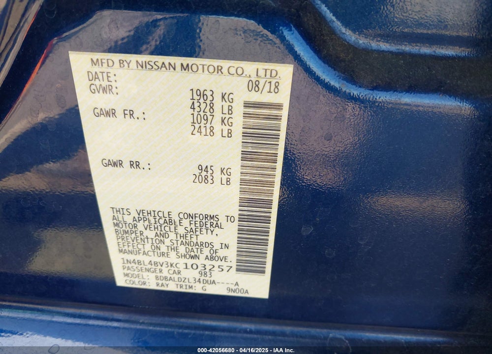 2019 NISSAN ALTIMA 2.5 S VIN: 1N4BL4BV3KC103257