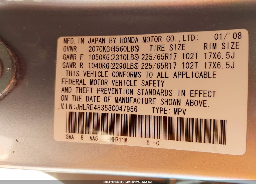 2008 HONDA CR-V VIN: JHLRE48358C047956