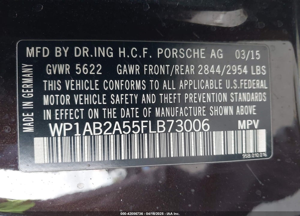 2015 PORSCHE MACAN S VIN: WP1AB2A55FLB73006