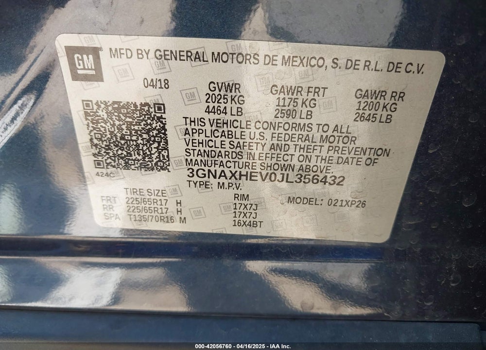2018 CHEVROLET EQUINOX VIN: 3GNAXHEV0JL356432