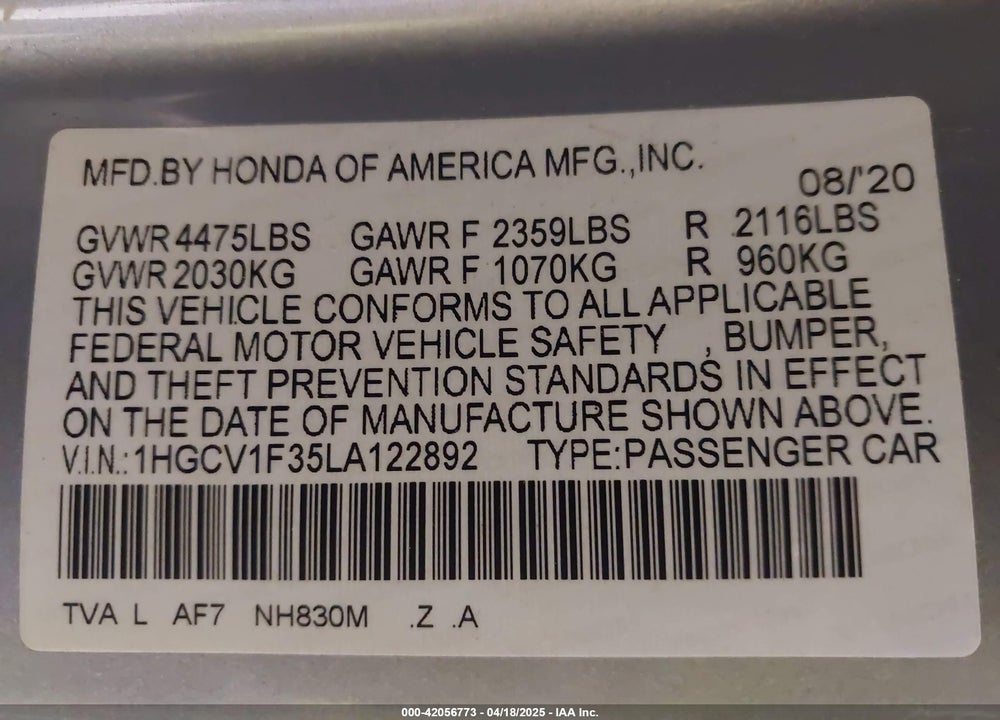 2020 HONDA ACCORD SPORT VIN: 1HGCV1F35LA122892
