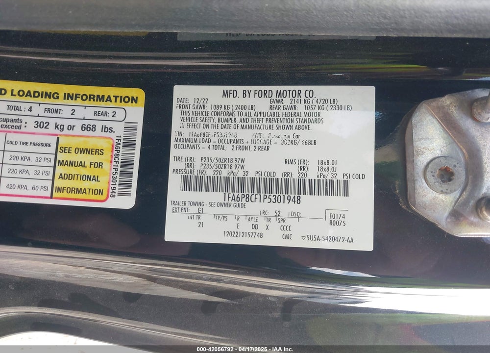 2023 FORD MUSTANG VIN: 1FA6P8CF1P5301948