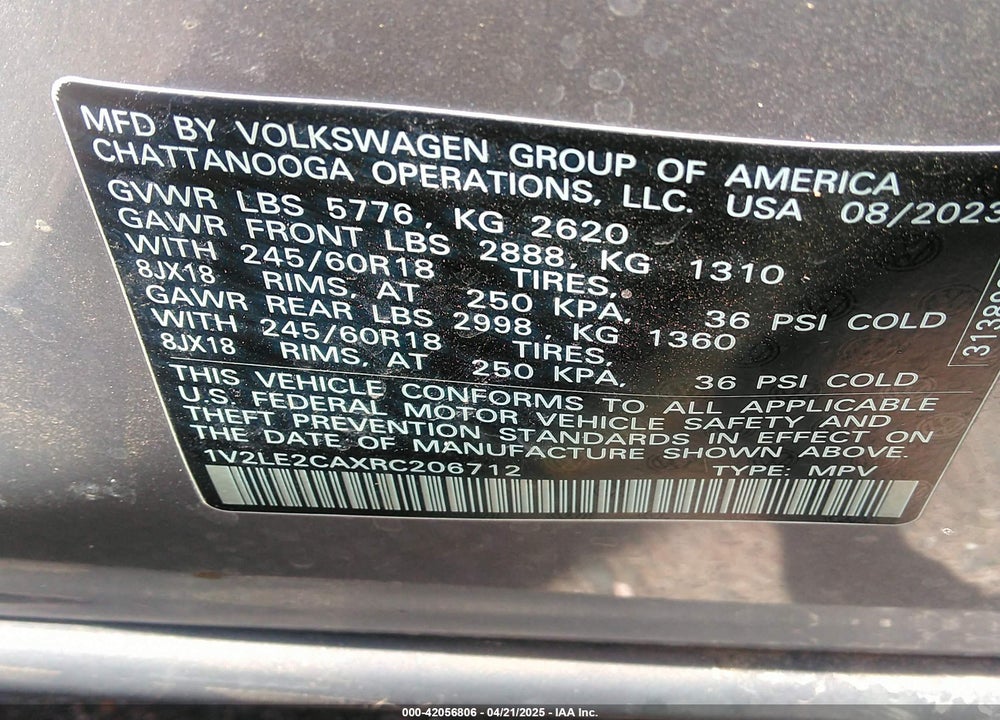 2024 VOLKSWAGEN ATLAS CROSS SPORT VIN: 1V2LE2CAXRC206712