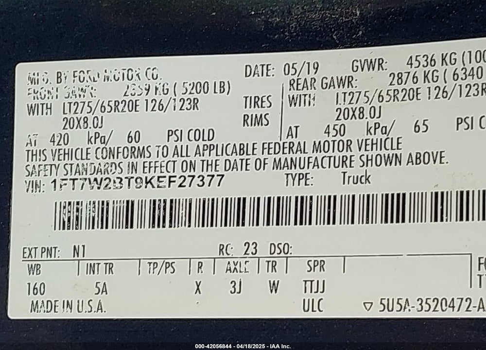 2019 FORD F-250 LARIAT VIN: 1FT7W2BT9KEF27377
