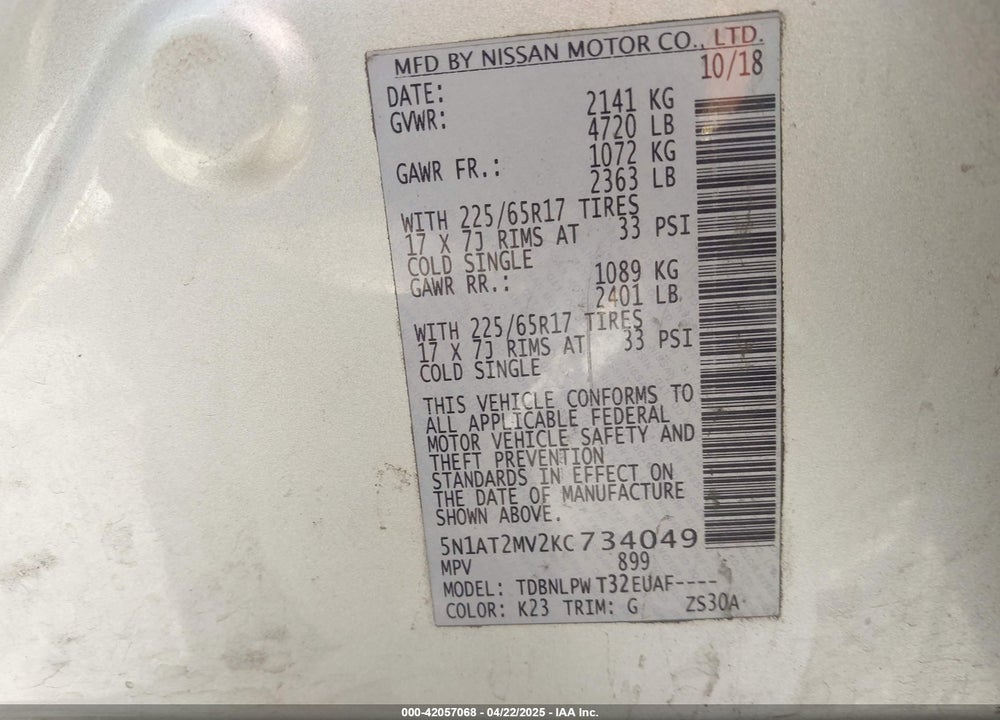 2019 NISSAN ROGUE VIN: 5N1AT2MV2KC734049