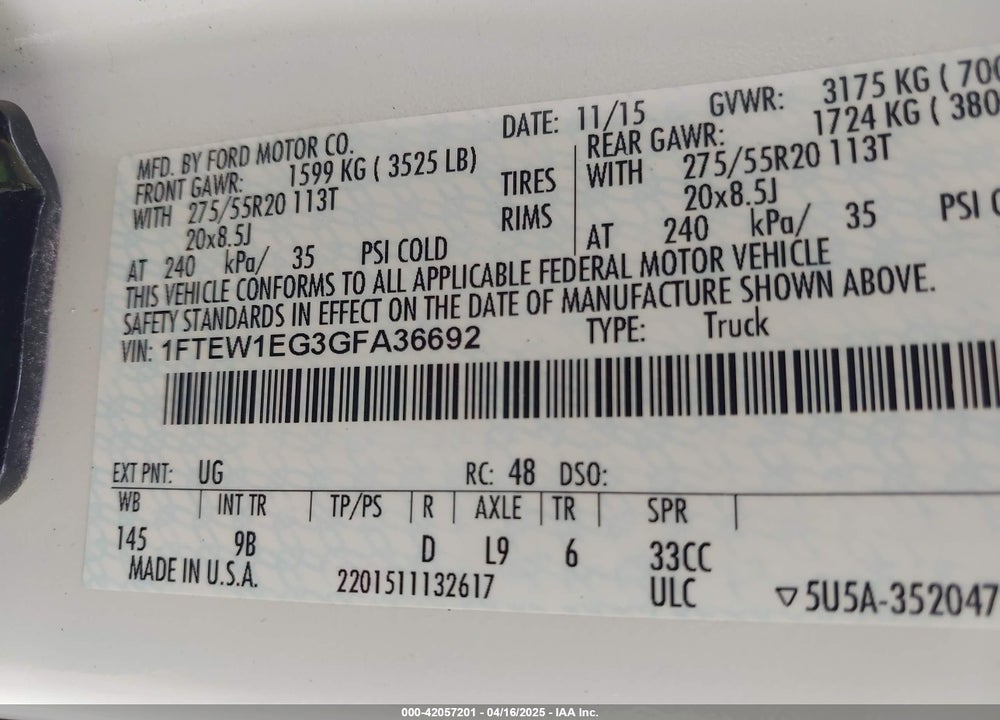 2016 FORD F-150 PLATINUM VIN: 1FTEW1EG3GFA36692