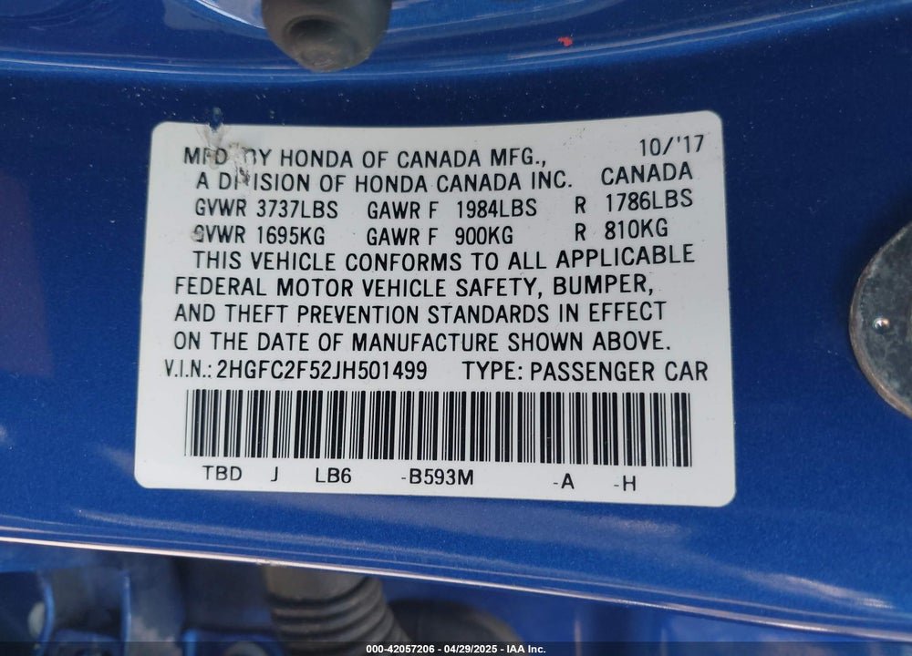 2018 HONDA CIVIC VIN: 2HGFC2F52JH501499